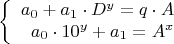 $$\left\{
\begin{array}{rcl}
 a_0 + a_1 \cdot D^y = q \cdot A \\
 a_0 \cdot 10^y + a_1 = A^x \\
\end{array}
\right.$$