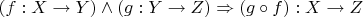 $(f:X \to Y) \land (g:Y \to Z) \Rightarrow (g \circ f): X \to Z$