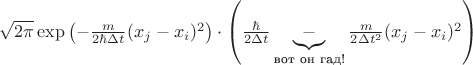 $
\sqrt{2\pi} \exp\left( - \frac{m}{2\hbar \Delta t} (x_j - x_i)^2 \right) \cdot
\left( \frac{\hbar}{2 \Delta t} \underbrace{-}_{\text{вот он гад!}} \frac{m}{2\Delta t^2} (x_j - x_i)^2 \right)  
$