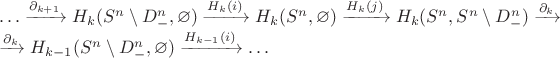 $\\\ldots\xrightarrow{\partial_{k+1}}H_k(S^n\setminus D_-^n,\varnothing)\xrightarrow{H_k(i)}H_k(S^n,\varnothing)\xrightarrow{H_k(j)}H_k(S^n,S^n\setminus D_-^n)\xrightarrow{\partial_{k}}\\\xrightarrow{\partial_{k}}H_{k-1}(S^n\setminus D_-^n,\varnothing)\xrightarrow{H_{k-1}(i)}\ldots$