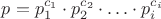 $p=p_{1}^{c_{1}}\cdot p_{2}^{c_{2}}\cdot \ldots \cdot p_{i}^{c_{i}}$