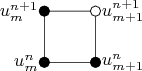 $$
\begin{tikzpicture}
\draw (0,0) -- (1,0) -- (1,1) -- (0,1) -- (0,0);
\filldraw (0,0) circle (0.1) node[left] {$u^{n}_{m}$};
\filldraw (1,0) circle (0.1) node[right] {$u^{n}_{m+1}$};
\filldraw[fill=white] (1,1) circle (0.1) node[right] {$u^{n+1}_{m+1}$};
\filldraw (0,1) circle (0.1) node[left] {$u^{n+1}_{m}$};
\end{tikzpicture}
$$