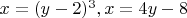 $x=(y-2)^3, x=4y-8$