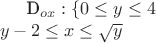 D_{ox}:\{0\le y\le4 \\y-2\le x\le \sqrt y}