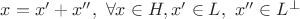 $x = x' + x'', \ \forall x  \in H, x' \in L, \ x'' \in L^{\bot}$
