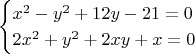 $$
\begin{cases}
x^2 - y^2 + 12y - 21 = 0 \\
2x^2 + y^2 + 2xy + x = 0
\end{cases}
$$