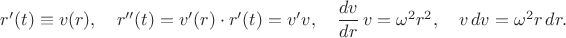 $r'(t)\equiv v(r),\quad r''(t)=v'(r)\cdot r'(t)=v'v,\quad \dfrac{dv}{dr}\,v=\omega^2r^2,\quad v\,dv=\omega^2r\,dr.$