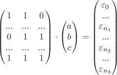 $$\begin{pmatrix}
 1 & 1 & 0\\
 ... & ... & ... \\
 0 & 1 & 1 \\
 ... & ... & ... \\
 1 & 1 & 1
\end{pmatrix} \cdot \begin{pmatrix}
 a \\
 b \\
 c 
\end{pmatrix} = \begin{pmatrix}
 \varepsilon_0 \\
 ... \\
  \varepsilon_{n_1} \\
 ... \\
  \varepsilon_{n_2} \\ 
 ... \\
  \varepsilon_{n_3} \\
\end{pmatrix}$$