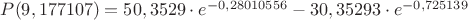 $P(9,177107) = 50,3529 \cdot e ^ {-0,28010556} - 30,35293 \cdot e ^ {-0,725139}$