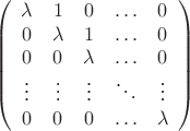 $$
\left(
\begin{array}{ccccc}
\lambda & 1 & 0 & \hdots & 0 \\
0 & \lambda & 1 & \hdots & 0 \\
0 & 0 & \lambda & \hdots & 0 \\
\vdots & \vdots &\vdots & \ddots & \vdots \\
0 & 0 & 0 & \hdots & \lambda 
\end{array}
\right)
$$