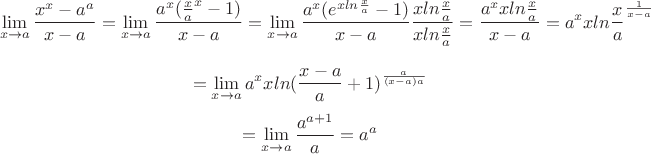 $$\lim\limits_{x\to a}^{}\frac{x^x - a^a}{x - a}
= \lim\limits_{x\to a}^{}\frac{a^x(\frac{x}{a}^x - 1)}{x - a}
= \lim\limits_{x\to a}^{}\frac{a^x(e^{xln\frac{x}{a}}- 1)}{x - a}\frac{xln\frac{x}{a}}{xln\frac{x}{a}}= \frac{a^x xln\frac{x}{a}}{x-a}
= a^xxln\frac{x}{a}^{\frac{1}{x-a}} $$
$$= \lim\limits_{x\to a}^{}a^xxln(\frac{x-a}{a}+1)^{\frac{a}{(x-a)a}}$$
$$= \lim\limits_{x\to a}^{}\frac{a^{a+1}}{a}  = a^a$