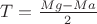 $T = \frac {Mg - Ma} {2}$