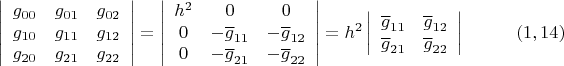 $$\left| {\begin{array}{ccc}
 g_{00}  &   g_{01}  & g_{02}    \\
 g_{10}  &   g_{11}  & g_{12}   \\
 g_{20}  &   g_{21}  & g_{22}   \\
 \end{array} } \right| =\left| {\begin{array}{ccc}
h^2  &  0 &   0   \\
0  &  -\overline{g}_{11}  &   -\overline{g}_{12}  \\
0  &   -  \overline{g}_{21}  &  - \overline{g}_{22} 
 \end{array} } \right| =   h^2   \left| {\begin{array}{cc}
  \overline{g}_{11}  &   \overline{g}_{12}  \\
\overline{g}_{21}  &   \overline{g}_{22} 
 \end{array} } \right|  \eqno (1,14)$$