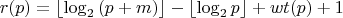 $$r(p)=\left\lfloor\log_2{(p+m)}\right\rfloor-\left\lfloor\log_2{p}\right\rfloor+wt(p)+1$$