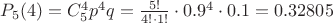 $P_5(4) = C_{5}^{4}p^4q = \frac{5!}{4!\cdot1!} \cdot 0.9^4 \cdot 0.1 = 0.32805$