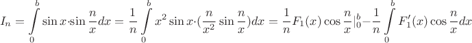 $$I_n=\int \limits _0^b\sin x\cdot \sin \frac nxdx=\frac 1n\int \limits _0^bx^2\sin x\cdot (\frac n{x^2}\sin \frac nx)dx=\frac 1nF_1(x)\cos \frac nx|\limits _0^b-\frac 1n\int \limits _0^bF_1'(x)\cos \frac nxdx$$