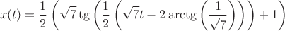 $$
x(t)=\frac{1}{2} \left(\sqrt{7} \tg \left(\frac{1}{2} \left(\sqrt{7} t -2 \arctg\left(\frac{1}{\sqrt{7}}\right)\right)\right)+1\right)
$$