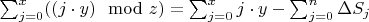 $\sum_{j = 0}^x(( j\cdot y )\mod z)=\sum_{j = 0}^xj\cdot y-\sum_{j = 0}^n\Delta S_j $