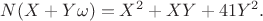 $\displaystyle N(X+Y\omega)=X^2+XY+41Y^2.$