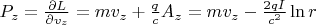 $P_z=\frac{\partial L}{\partial v_z}=mv_z+\frac{q}{c}A_z=mv_z-\frac{2qI}{c^2}\ln r$