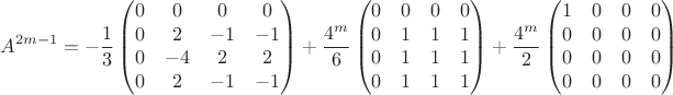 $$A^{2m-1}=-\frac 1 3\begin{pmatrix}
0&0&0&0\\
0&2&-1&-1\\
0&-4&2&2\\
0&2&-1&-1\\
\end{pmatrix}+\frac{4^m}6\begin{pmatrix}
0&0&0&0\\
0&1&1&1\\
0&1&1&1\\
0&1&1&1\\
\end{pmatrix}+\frac{4^m}2\begin{pmatrix}
1&0&0&0\\
0&0&0&0\\
0&0&0&0\\
0&0&0&0\\
\end{pmatrix}$$