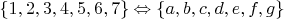 $\{1,2,3,4,5,6,7\}\Leftrightarrow \{a,b,c,d,e,f,g\}$
