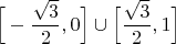 $\Big[-\dfrac{\sqrt 3}{2}, 0\Big]\cup\Big[\dfrac{\sqrt 3}{2}, 1\Big]$