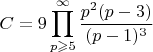 $$C=9\prod_{p\geqslant5}^{\infty}\frac{p^2(p - 3)}{(p - 1)^3}$$