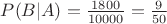 $P(B|A)=\frac{1800}{10000}=\frac{9}{50}$