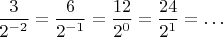 $\dfrac{3}{2^{-2}}=\dfrac{6}{2^{-1}}=\dfrac{12}{2^0}=\dfrac{24}{2^1}=\ldots$