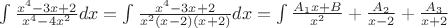 $\int \frac{x^4-3x+2}{x^4-4x^2}dx=\int \frac{x^4-3x+2}{x^2(x-2)(x+2)}dx=\int \frac{A_{1}x+B} {x^2}+ \frac{A_{2}}{x-2}+ \frac{A_{3}}{x+2}$