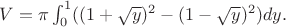 $V=\pi\int_0^1((1+\sqrt{y})^2 -(1-\sqrt{y})^2 )dy.$