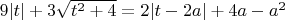 $9|t|+3\sqrt{t^2+4}=2|t-2a|+4a-a^2$
