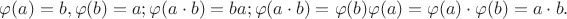 $\varphi(a) = b, \varphi(b) = a;
\varphi(a \cdot b) = b  a;
\varphi(a \cdot b) = \varphi(b)  \varphi(a) = \varphi(a) \cdot \varphi(b) = a \cdot b.$
