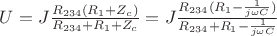 $U=J \frac{R_{234}(R_1+Z_c)}{R_{234}+R_1+Z_c}=J \frac{R_{234}(R_1-\frac{1}{j \omega C})}{R_{234}+R_1-\frac{1}{j \omega C}}$