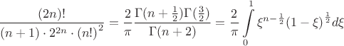 $$\frac{{(2n)!}}{{(n + 1) \cdot {2^{2n}} \cdot {{(n!)}^2}}} = \frac{2}{\pi }\frac{{\Gamma (n + \frac{1}{2})\Gamma (\frac{3}{2})}}{{\Gamma (n + 2)}} = \frac{2}{\pi }\int\limits_0^1 {{\xi ^{n - \frac{1}{2}}}{{(1 - \xi )}^{\frac{1}{2}}}d\xi } $$