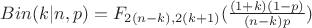 $Bin(k|n,p) = F_{2(n-k),2(k+1)}(\frac{(1+k)(1-p)}{(n-k) p})$