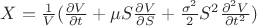 $X = \frac{1}
{V}(\frac{{\partial V}}
{{\partial t}} + \mu S\frac{{\partial V}}
{{\partial S}} + \frac{{{\sigma ^2}}}
{2}{S^2}\frac{{{\partial ^2}V}}
{{\partial {t^2}}})$