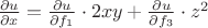 $\frac{\partial u}{\partial x}=\frac{\partial u}{\partial f_1}\cdot2xy+\frac{\partial u}{\partial f_3}\cdot z^2$