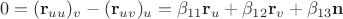 $$0=(\mathbf r_{uu})_v-(\mathbf r_{uv})_u=\beta_{11}\mathbf r_u+\beta_{12}\mathbf r_v+\beta_{13}\mathbf n$$ $$0=(\mathbf r_{uu})_v-(\mathbf r_{uv})_u=\beta_{11}\mathbf r_u+\beta_{12}\mathbf r_v+\beta_{13}\mathbf n$$