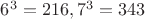$6^3=216, 7^3=343$