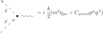 $$\xymatrix{
 & & \\
 & \bullet \ar@{~}[r] \ar@{-->}[lu]^{\vec q} & \\
\ar@{-->}[ru]^{\vec p} & & \\
} \begin{matrix}\\ \\ \\ \\ = i ~\cfrac{k}{2} (m^2 \eta_{\mu\nu} +C_{\mu\nu\alpha\beta} p^{\alpha}q^{\beta}) \end{matrix}$$