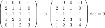 \[
\left( {\begin{array}{*{20}c}
   1 & 0 & 0 & { - 1}  \\
   2 & 1 & 1 & 0  \\
   1 & 1 & 1 & 1  \\
   1 & 2 & 3 & 4  \\
   0 & 1 & 2 & 3  \\

 \end{array} } \right) -  > \left( {\begin{array}{*{20}c}
   1 & 0 & 0 & { - 1}  \\
   2 & 1 & 1 & 0  \\
   1 & 1 & 1 & 1  \\
   1 & 2 & 3 & 4  \\
   1 & 2 & 3 & 4  \\

 \end{array} } \right)\det  = 0
\]