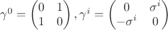 $\gamma^0=\begin{pmatrix}0 &1\\ 1 & 0\end{pmatrix}, \gamma^i=\begin{pmatrix}0 & \sigma^i\\ -\sigma^i & 0\end{pmatrix}$ $\gamma^0=\begin{pmatrix}0 &1\\ 1 & 0\end{pmatrix}, \gamma^i=\begin{pmatrix}0 & \sigma^i\\ -\sigma^i & 0\end{pmatrix}$