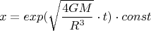 $$x=exp({\sqrt{4GM\over R^3}}\cdot t)\cdot const$$