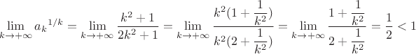 $$\lim\limits_{k\to +\infty}{{a_k}^{1/k}}=\lim\limits_{k\to +\infty}\dfrac{k^2+1}{2k^2+1}= \lim\limits_{k\to +\infty}\dfrac{k^2(1+\dfrac{1}{k^2})}{k^2(2+\dfrac{1}{k^2})}=
\lim\limits_{k\to +\infty}\dfrac{1+\dfrac{1}{k^2}}{2+\dfrac{1}{k^2}}=\dfrac{1}{2}<1$$