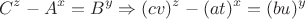 $$C^z-A^x=B^y\Rightarrow (cv)^z-(at)^x=(bu)^y$$