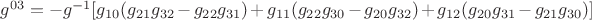 ${g^{03}} = {{-g}^{-1}}[{g_{10}}({g_{21}}{g_{32}} - {g_{22}}{g_{31}}) + {g_{11}}({g_{22}}{g_{30}} - {g_{20}}{g_{32}}) + {g_{12}}({g_{20}}{g_{31}} - {g_{21}}{g_{30}})]$