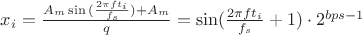 $x_i=\frac{A_m\sin{(\frac{2\pi ft_i}{f_s})} + A_m}{q}=\sin(\frac{2\pi f t_i}{f_s} + 1)\cdot 2^{bps-1}$