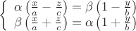 \[
\left\{ {\begin{array}{*{20}c}
   {\alpha \left( {\frac{x}
{a} - \frac{z}
{c}} \right) = \beta \left( {1 - \frac{y}
{b}} \right)}  \\
   {\beta \left( {\frac{x}
{a} + \frac{z}
{c}} \right) = \alpha \left( {1 + \frac{y}
{b}} \right)}  \\

 \end{array} } \right.
\]